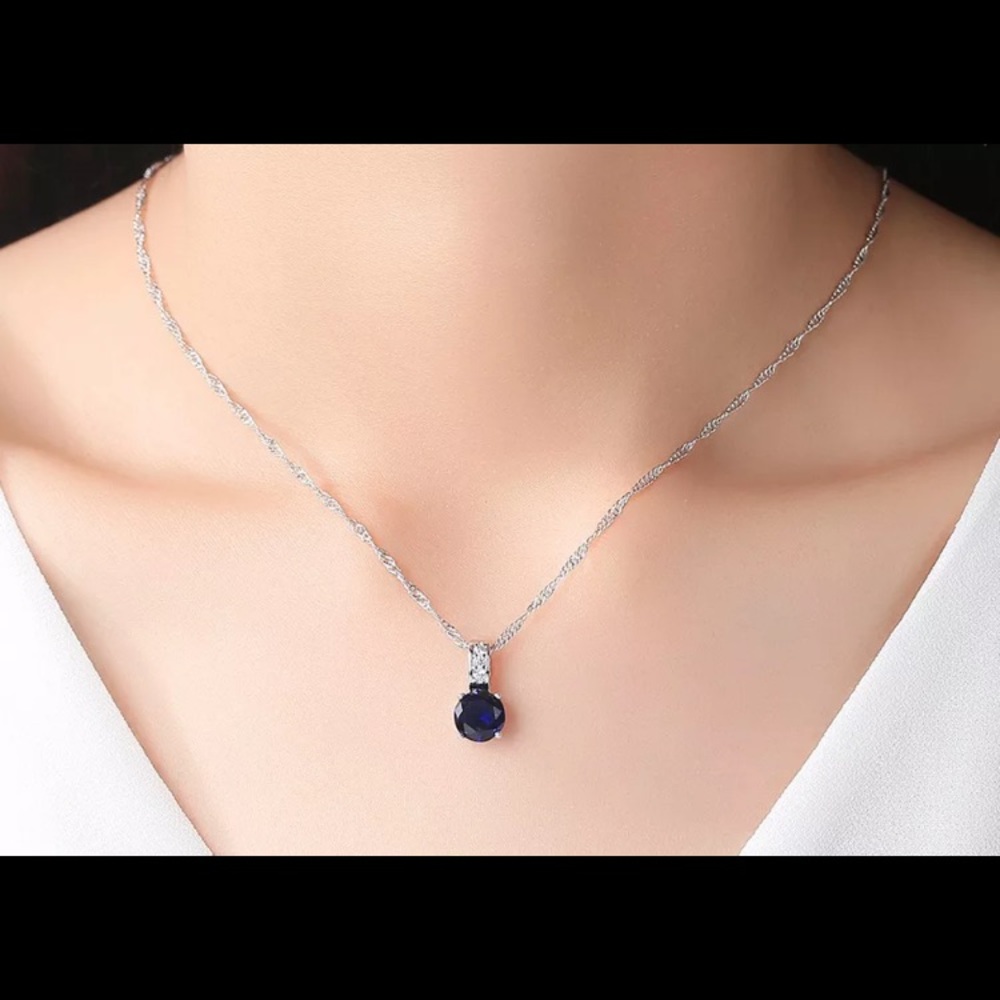Round Sapphire Diamond Sterling Silver Necklace - Picture 2 of 4